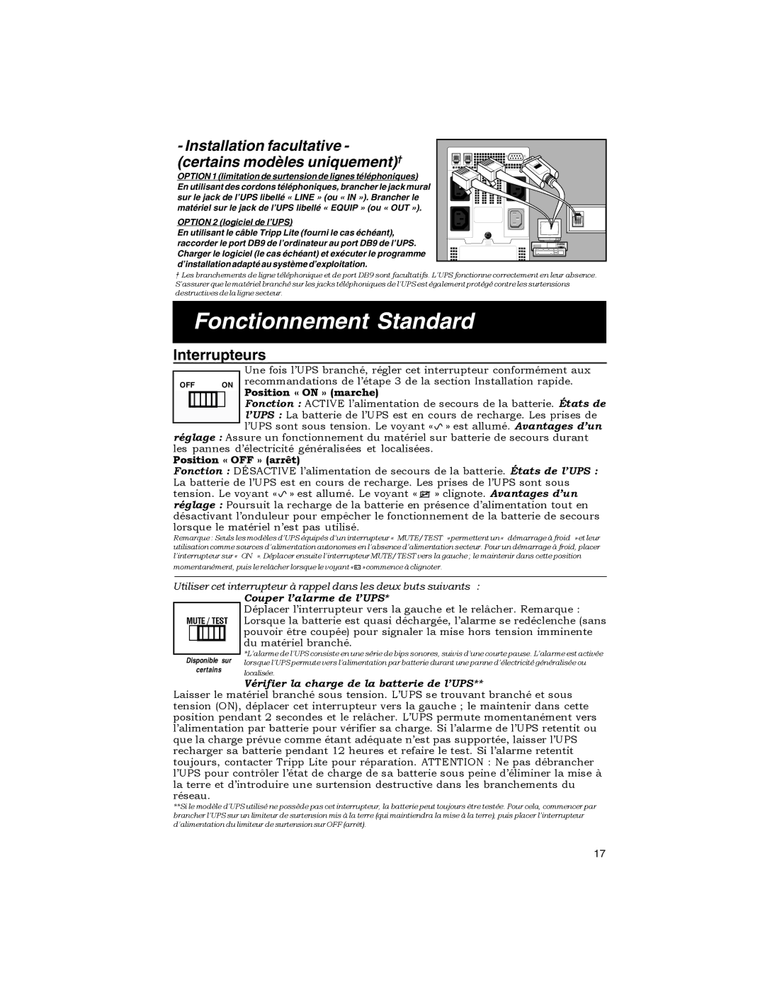 Tripp Lite OMNIPRO Fonctionnement Standard, Installation facultative certains modèles uniquement†, Interrupteurs 