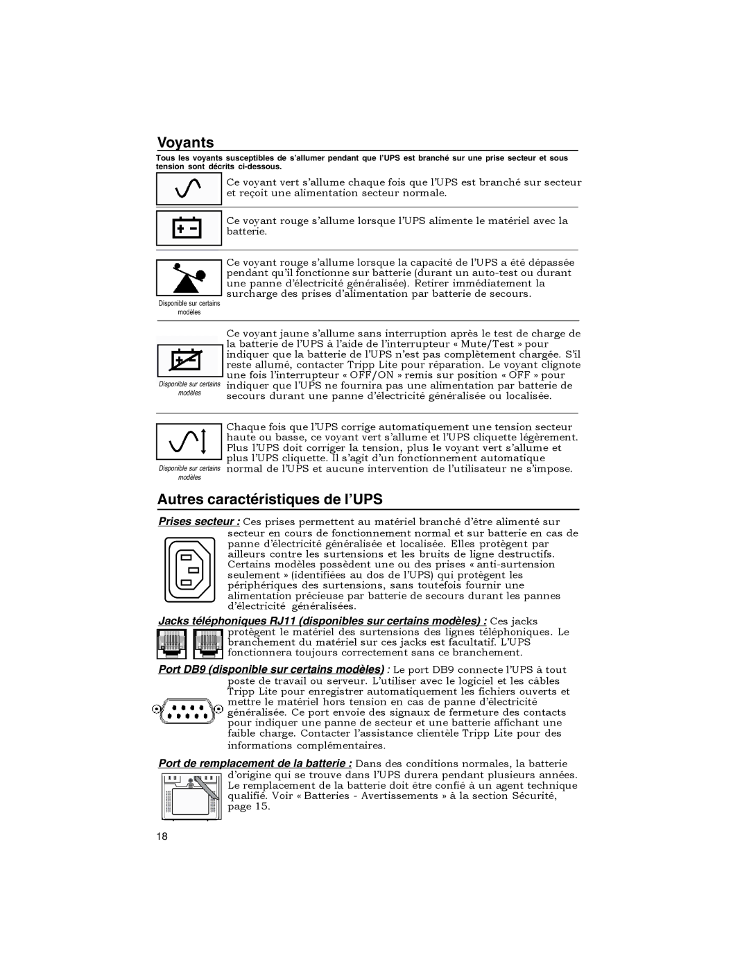 Tripp Lite OMNIPRO owner manual Voyants, Autres caractéristiques de l’UPS 