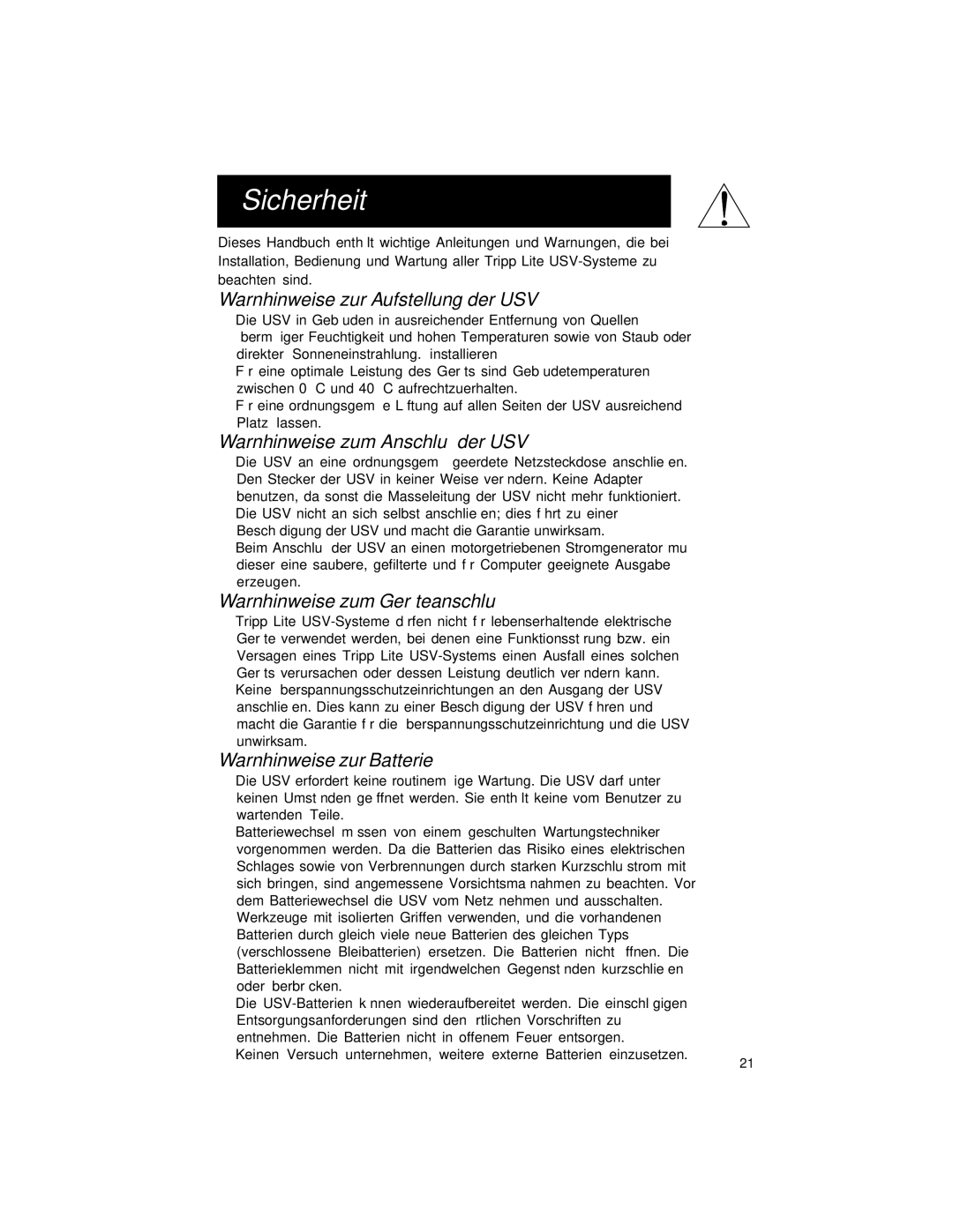 Tripp Lite OMNIPRO owner manual Sicherheit, Warnhinweise zur Aufstellung der USV, Warnhinweise zum Anschluß der USV 