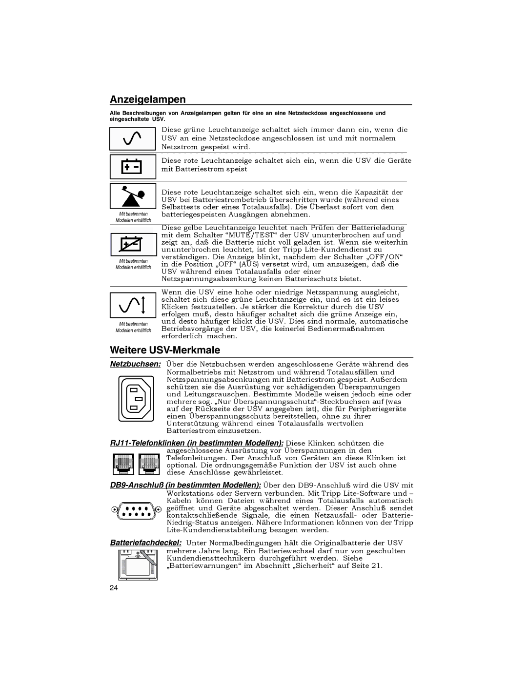 Tripp Lite OMNIPRO owner manual Anzeigelampen, Weitere USV-Merkmale 