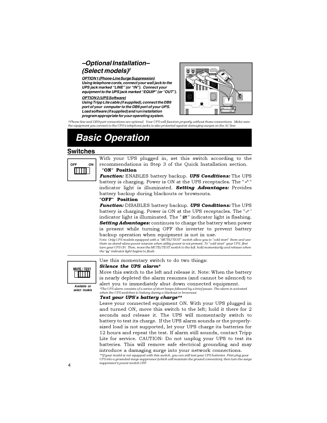 Tripp Lite OMNIPRO owner manual Basic Operation, Optional Installation- Select models†, Switches 