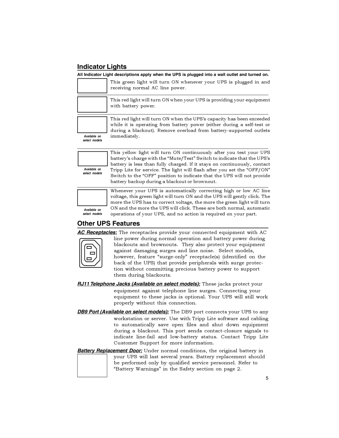 Tripp Lite OMNIPRO owner manual Indicator Lights, Other UPS Features 