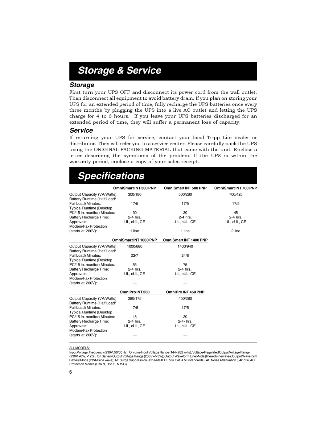 Tripp Lite OMNIPRO owner manual Storage & Service, Specifications 