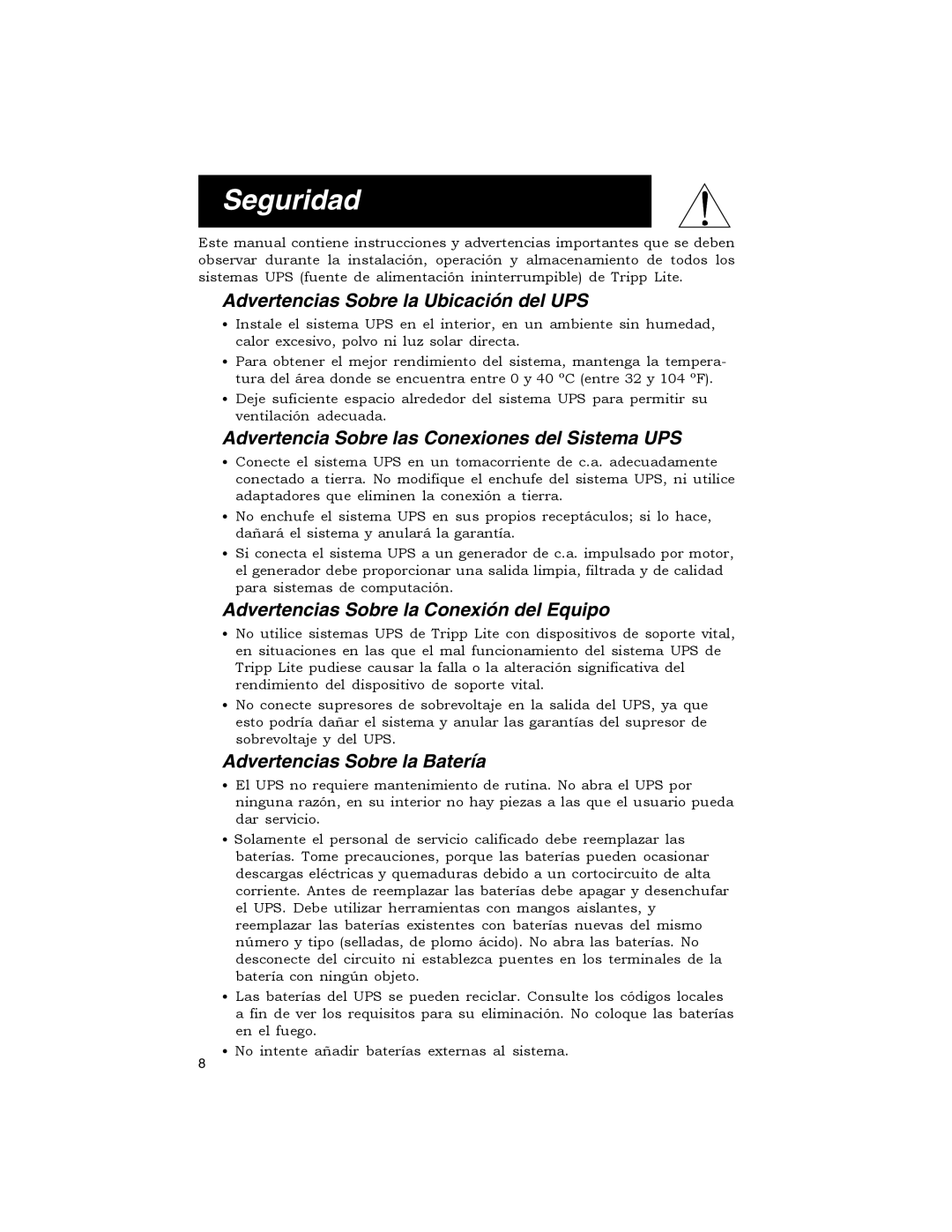 Tripp Lite OMNIPRO Seguridad, Advertencias Sobre la Ubicación del UPS, Advertencia Sobre las Conexiones del Sistema UPS 