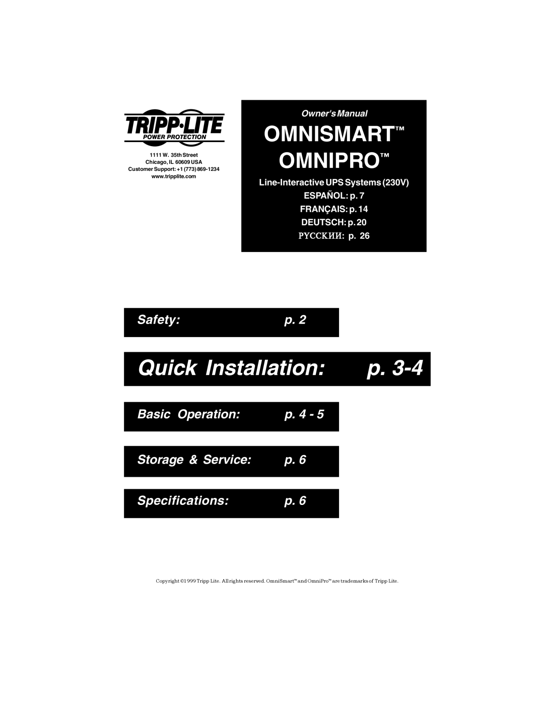 Tripp Lite OMNIPRO owner manual Omnismart Omnipro, Quick Installation p, Safety, Basic Operation, p. 4, Storage & Service 
