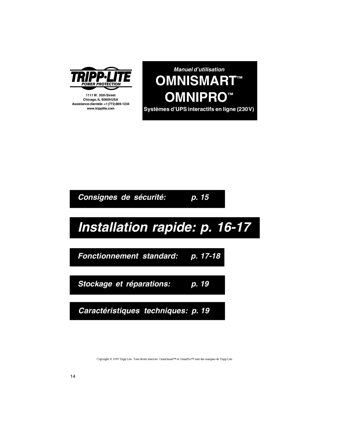 Tripp Lite OMNIPRO Installation rapide p, Consignes de sécurité, Fonctionnement standard p, Stockage et réparations 