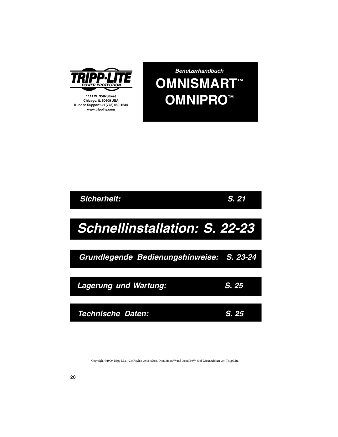 Tripp Lite OMNIPRO owner manual Schnellinstallation S, Sicherheit, Grundlegende Bedienungshinweise S, Lagerung und Wartung 