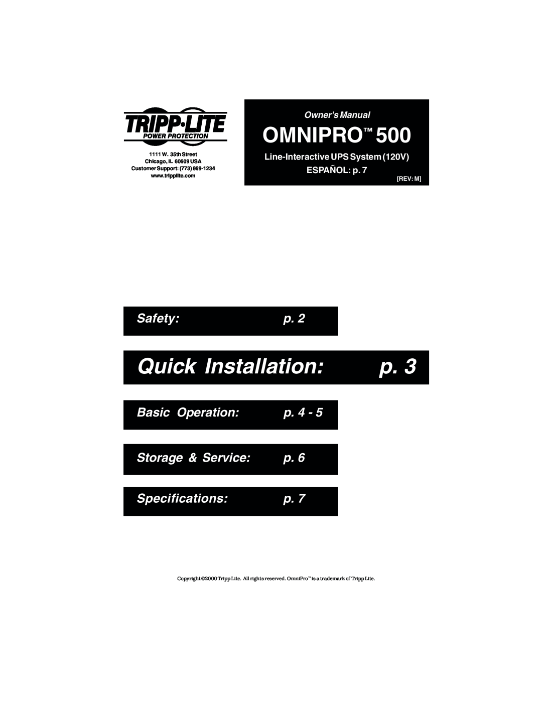 Tripp Lite OmniPro500 owner manual Omnipro, Quick Installation, Safety, Basic Operation, p. 4, Storage & Service, Rev M 