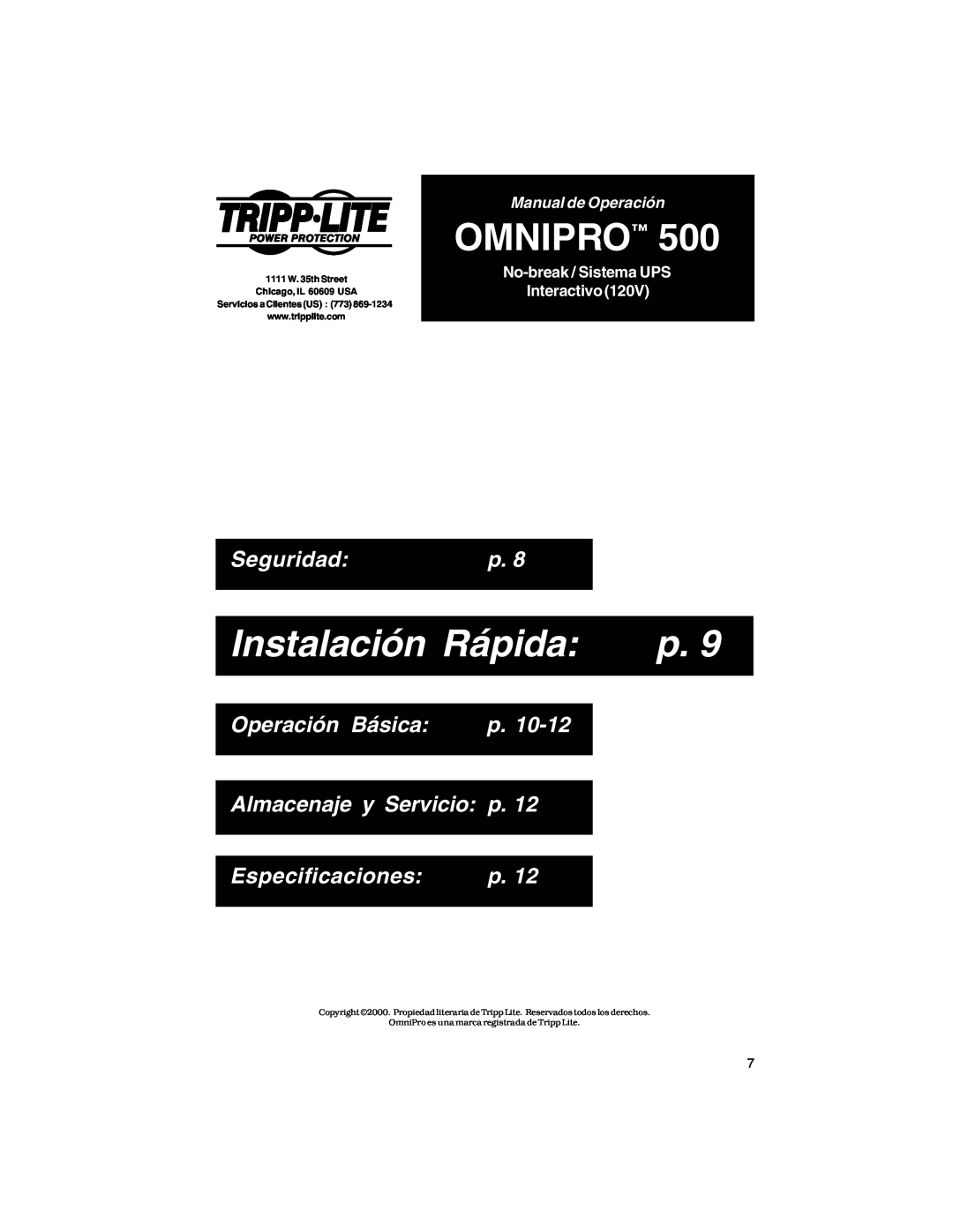 Tripp Lite OmniPro500 Instalación Rápida, Seguridad, Operación Básica, Almacenaje y Servicio p, Especificaciones, Omnipro 