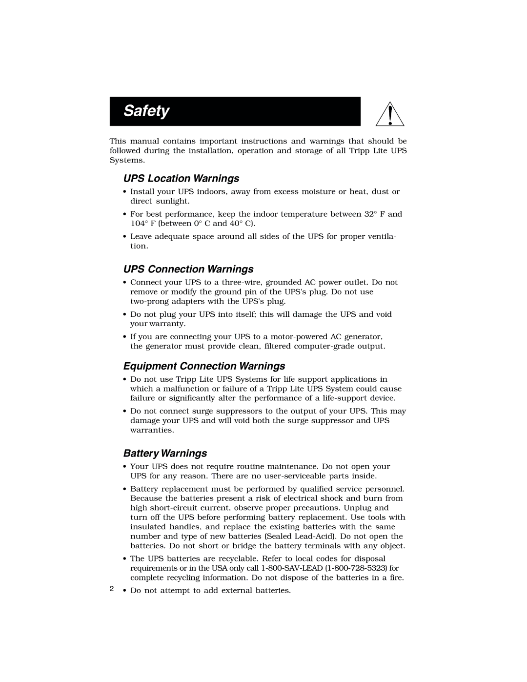 Tripp Lite OmniPro500 owner manual Safety, UPS Location Warnings, UPS Connection Warnings, Equipment Connection Warnings 