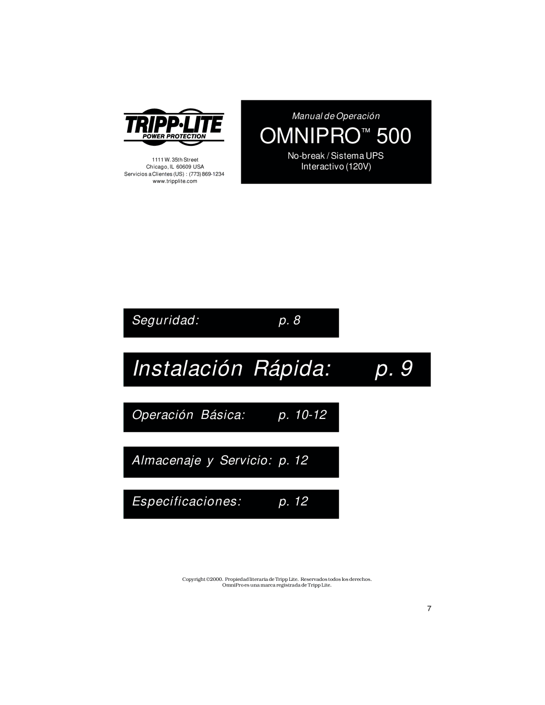 Tripp Lite OmniPro500 owner manual Instalación Rápida 