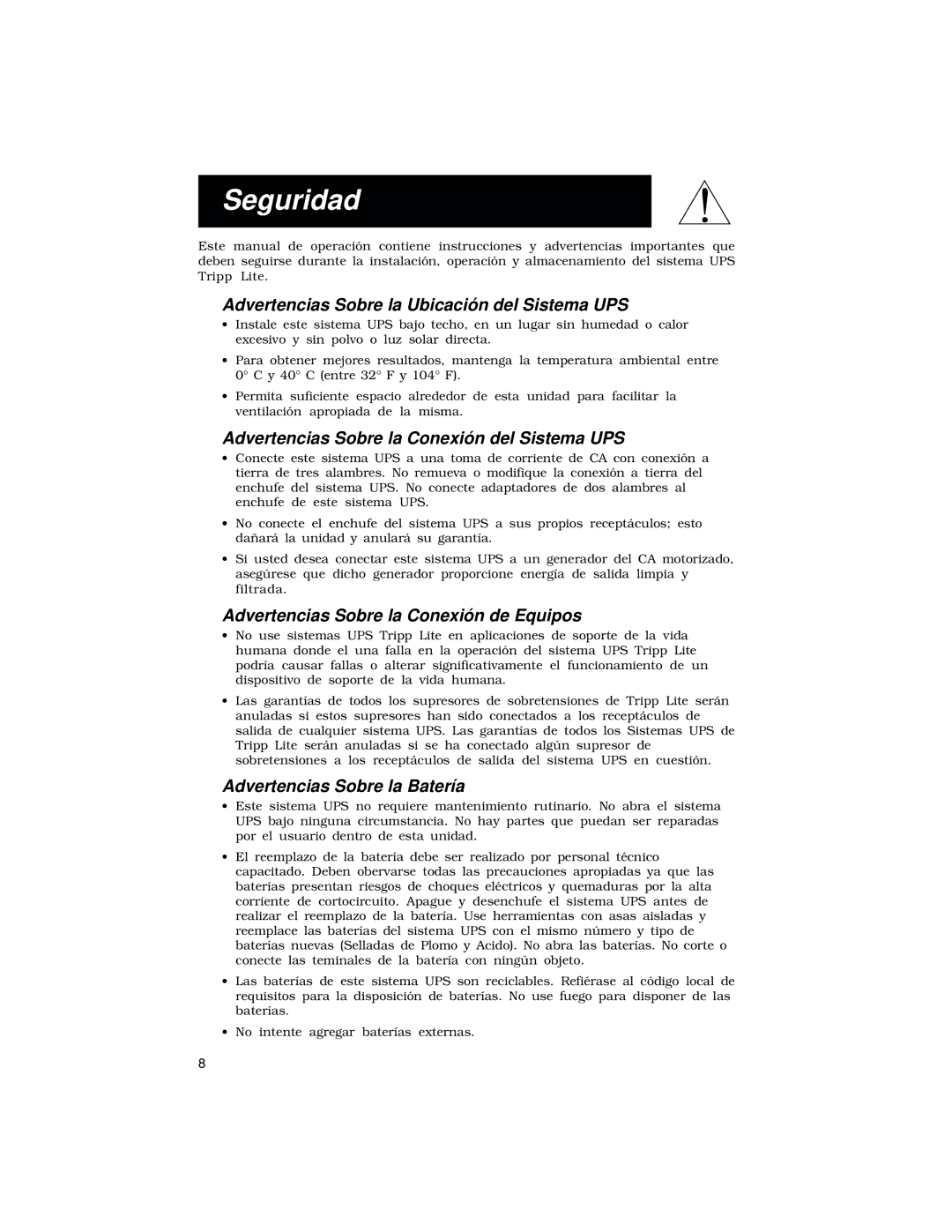 Tripp Lite OmniPro500 Seguridad, Advertencias Sobre la Ubicación del Sistema UPS, Advertencias Sobre la Batería 