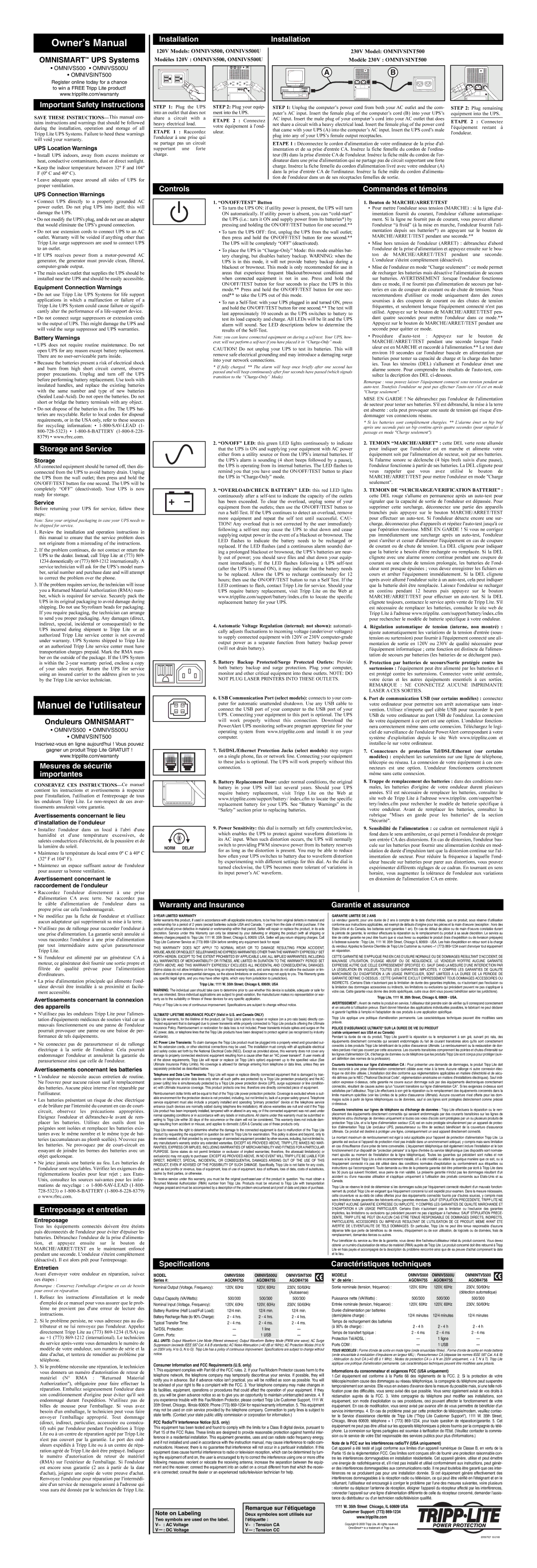 Tripp Lite OMNISINT500 owner manual Important Safety Instructions, Installation, Storage and Service, Controls 