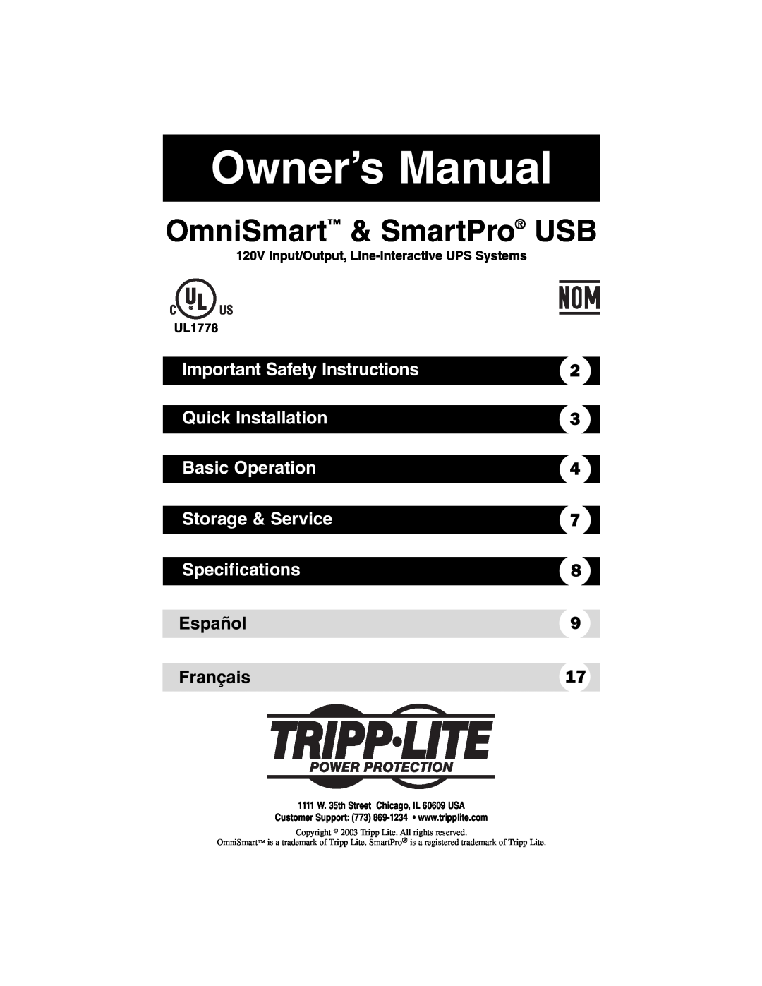 Tripp Lite OmniSmart & SmartPro USB owner manual Important Safety Instructions, Quick Installation, Basic Operation 