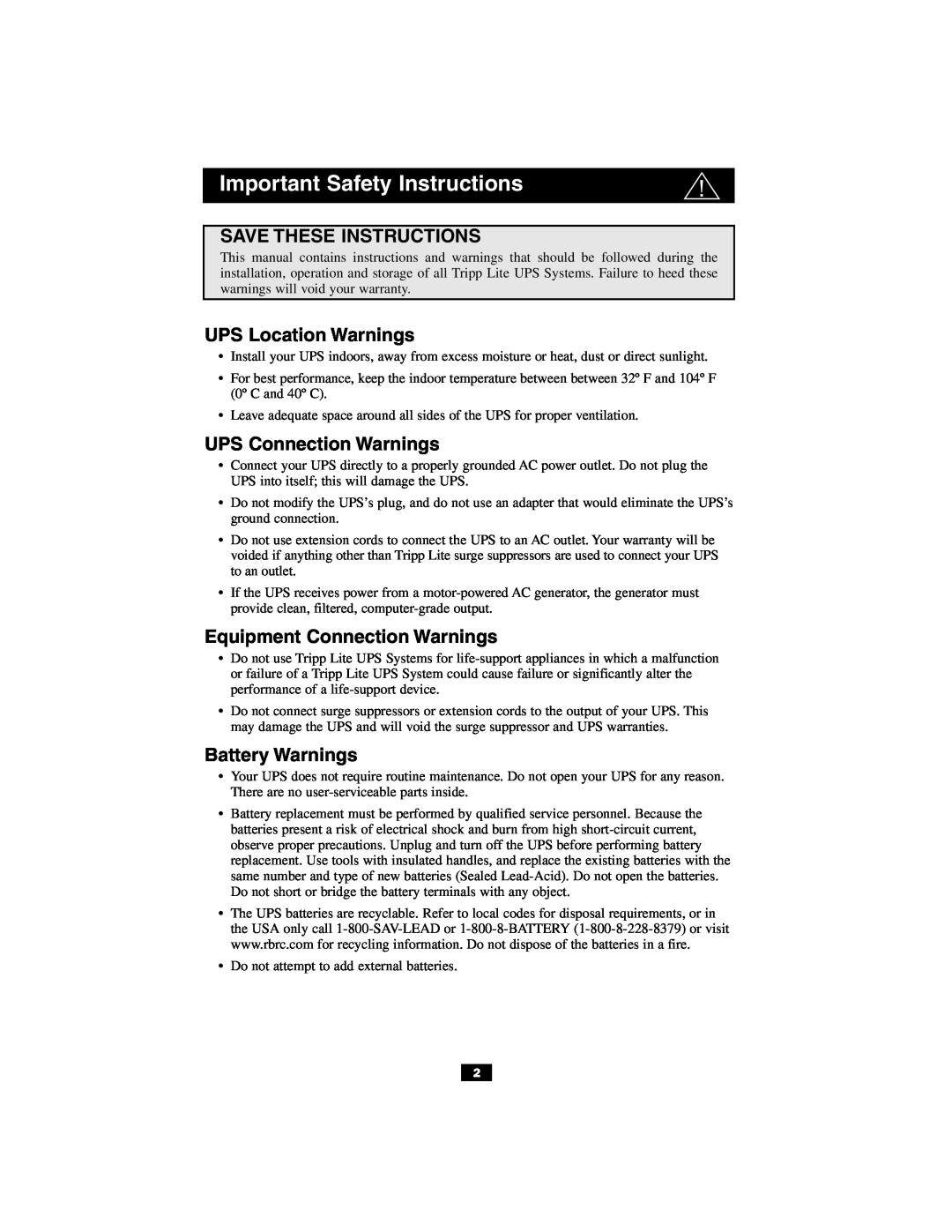 Tripp Lite OmniSmart & SmartPro USB owner manual Save These Instructions, UPS Location Warnings, UPS Connection Warnings 