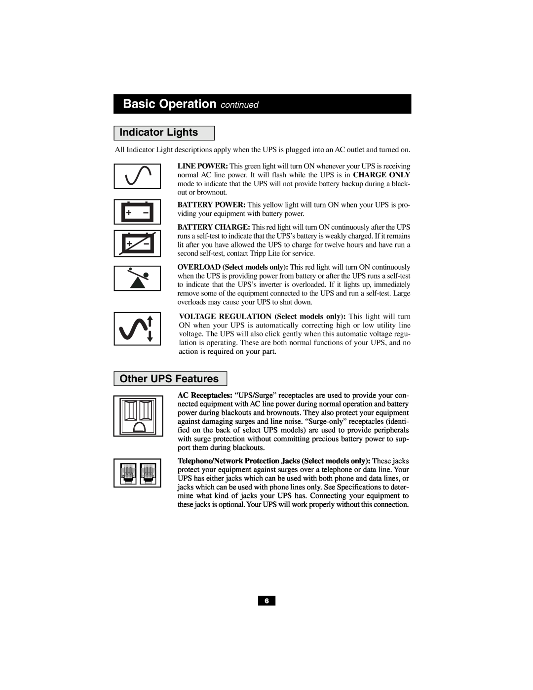 Tripp Lite OmniSmart & SmartPro USB owner manual Indicator Lights, Other UPS Features, Basic Operation continued 