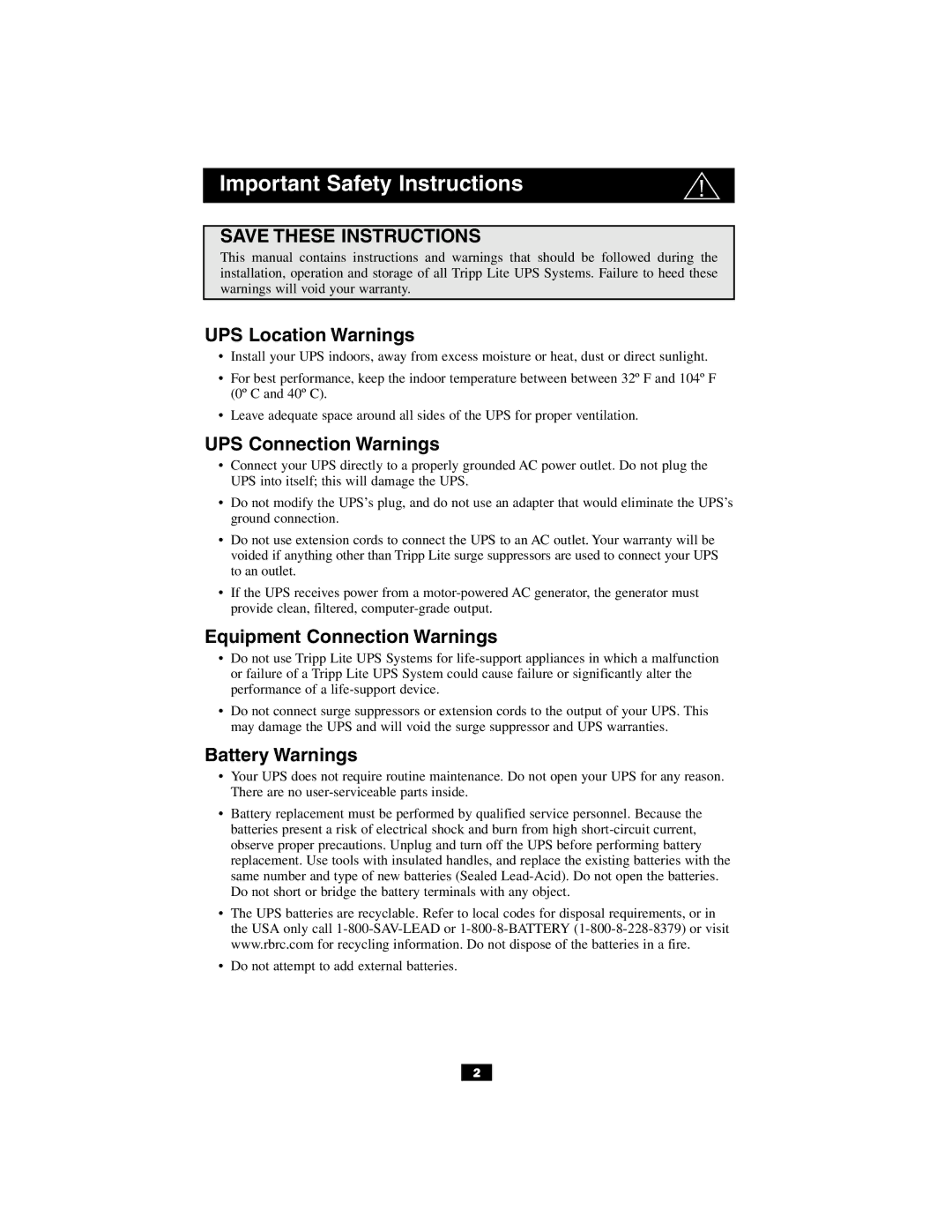 Tripp Lite OmniSmart & SmartPro USB UPS Location Warnings, UPS Connection Warnings, Equipment Connection Warnings 