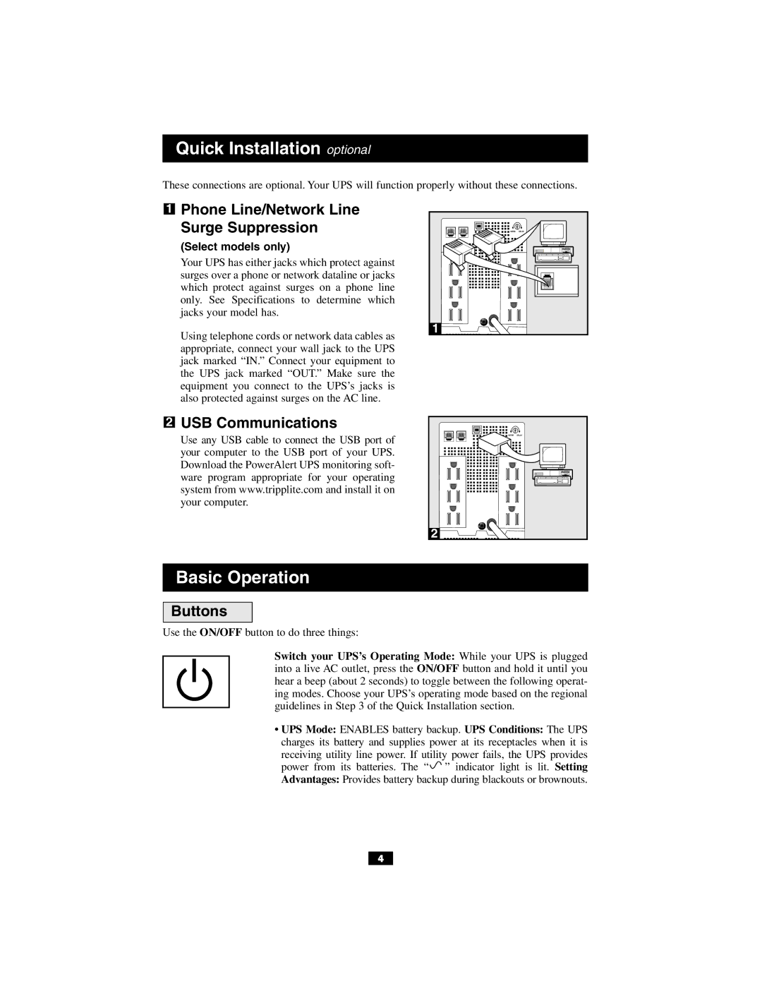 Tripp Lite OmniSmart & SmartPro USB owner manual Phone Line/Network Line Surge Suppression, USB Communications, Buttons 