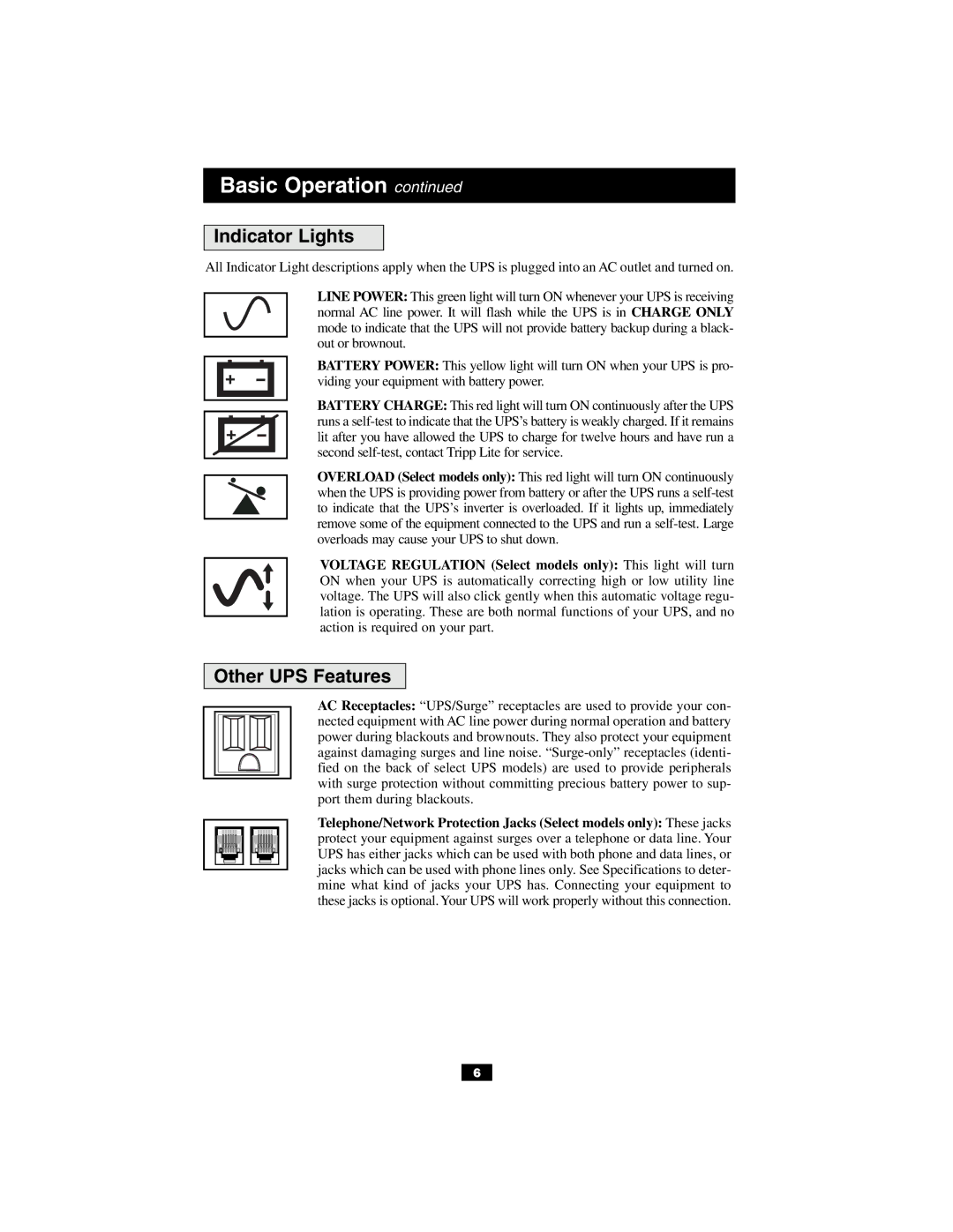 Tripp Lite OmniSmart & SmartPro USB owner manual Indicator Lights, Other UPS Features 