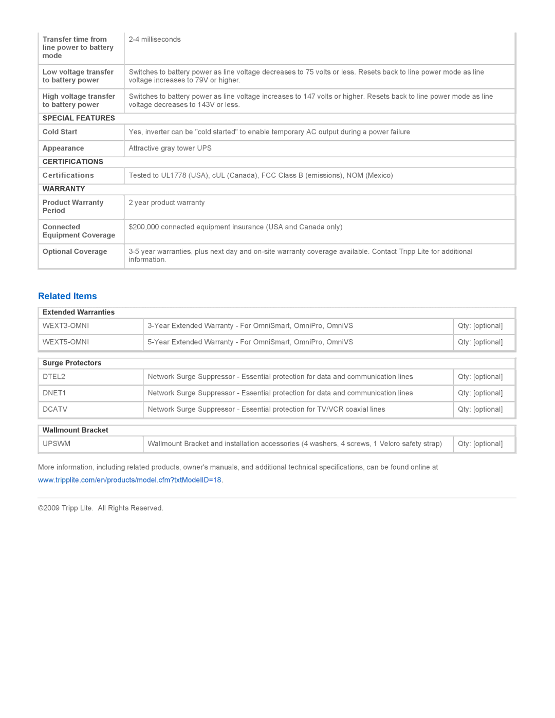 Tripp Lite OMNISMART1400 warranty Related Items, Special Features, Certifications, Warranty 