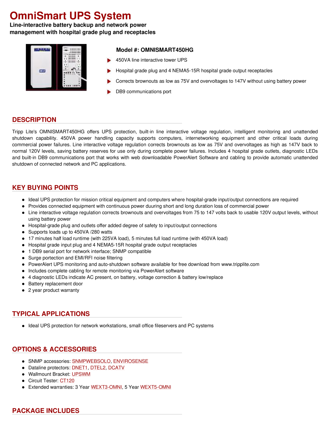 Tripp Lite OMNISMART450HG warranty Description, Key Buying Points, Typical Applications, Options & Accessories 