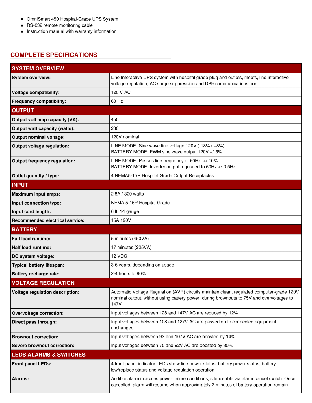 Tripp Lite OMNISMART450HG warranty Complete Specifications, System Overview, Output, Input, Battery, Voltage Regulation 