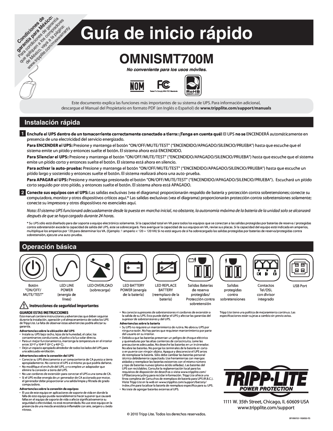 Tripp Lite OMNISMT700M Guía de inicio rápido, Instalación rápida, Operación básica, No conveniente para los usos móviles 