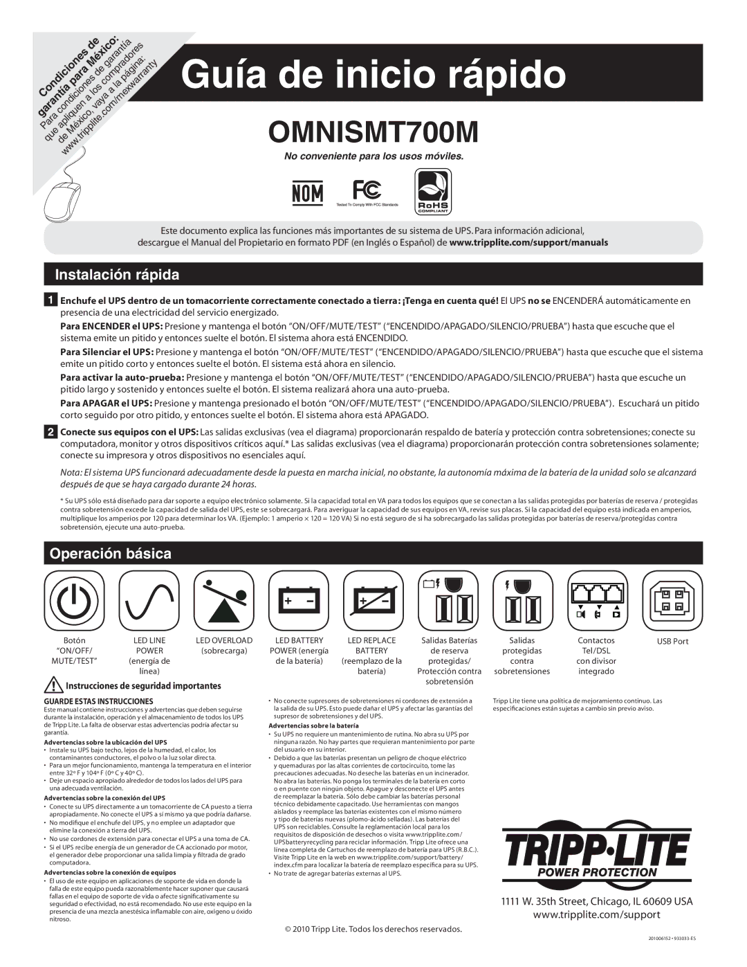 Tripp Lite OMNISMT700M Instalación rápida, Operación básica, USB Port, Tripp Lite. Todos los derechos reservados 