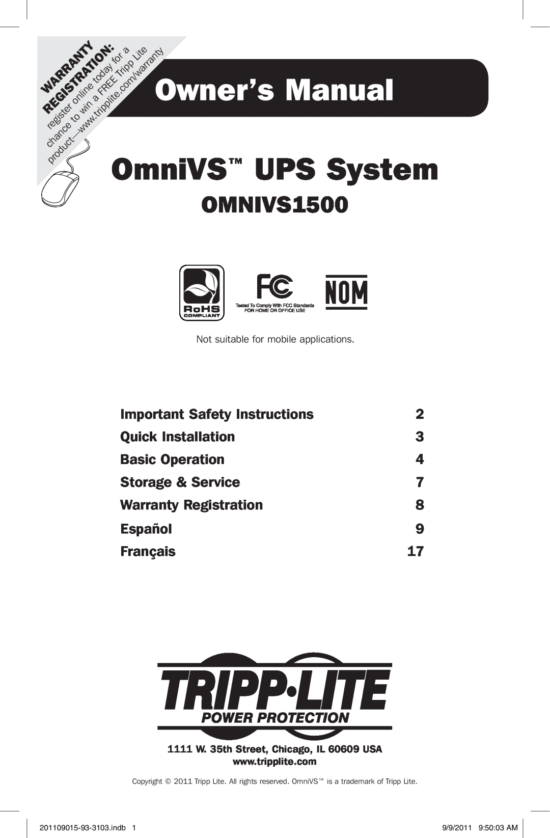 Tripp Lite OMNIVS1500 owner manual Owner’s Manual, OmniVS UPS System, Important Safety Instructions, Quick Installation 