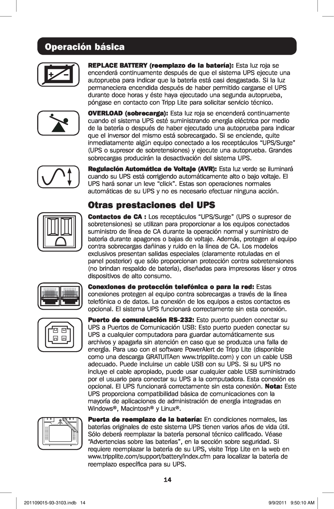 Tripp Lite OMNIVS1500 owner manual Otras prestaciones del UPS, Operación básica 
