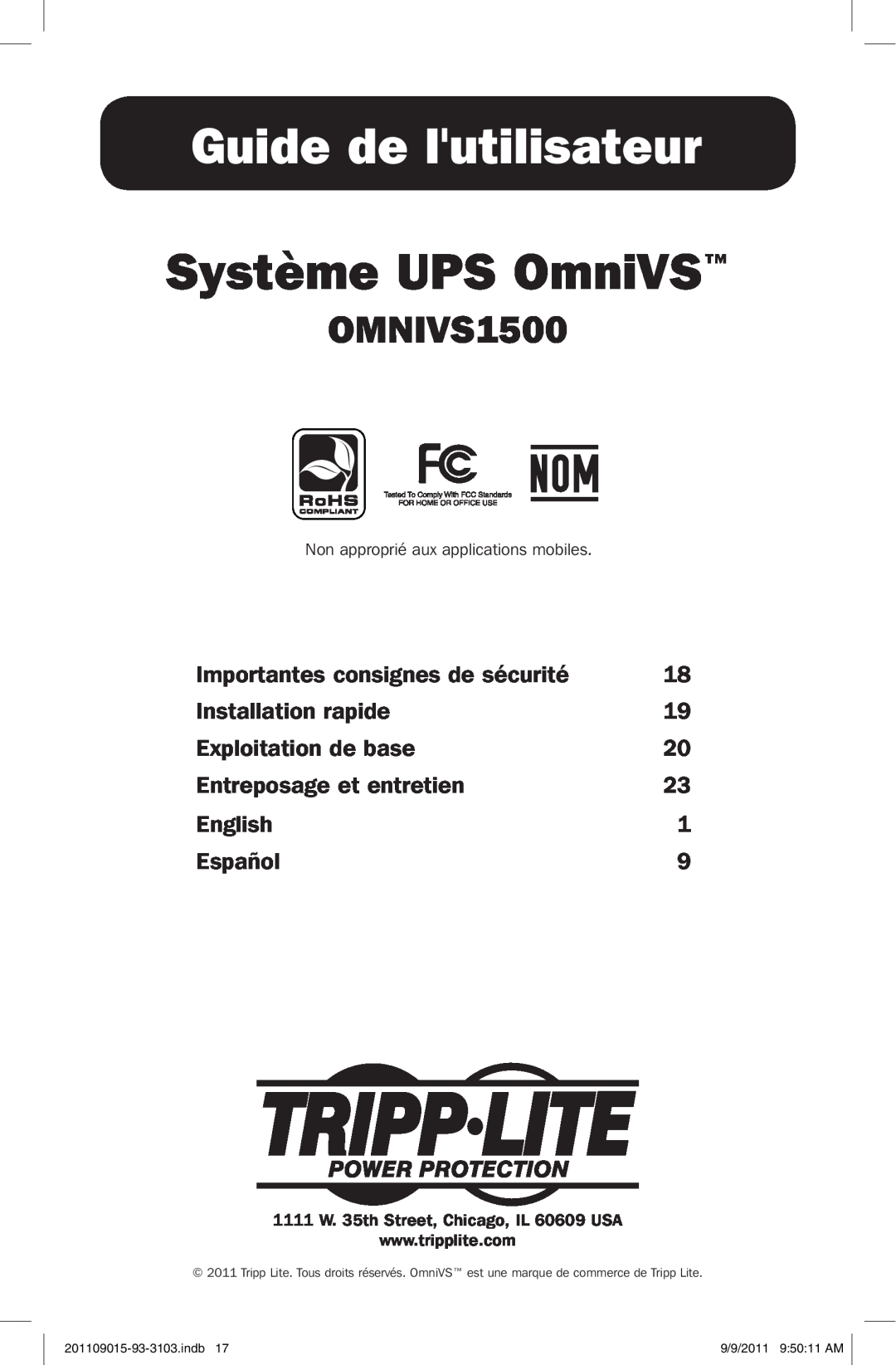 Tripp Lite OMNIVS1500 Guide de lutilisateur, Système UPS OmniVS, Importantes consignes de sécurité, Installation rapide 