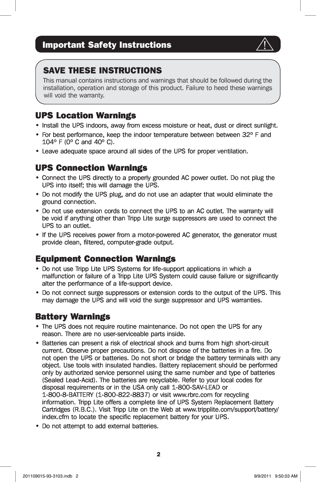 Tripp Lite OMNIVS1500 Important Safety Instructions, Save These Instructions, UPS Location Warnings, Battery Warnings 