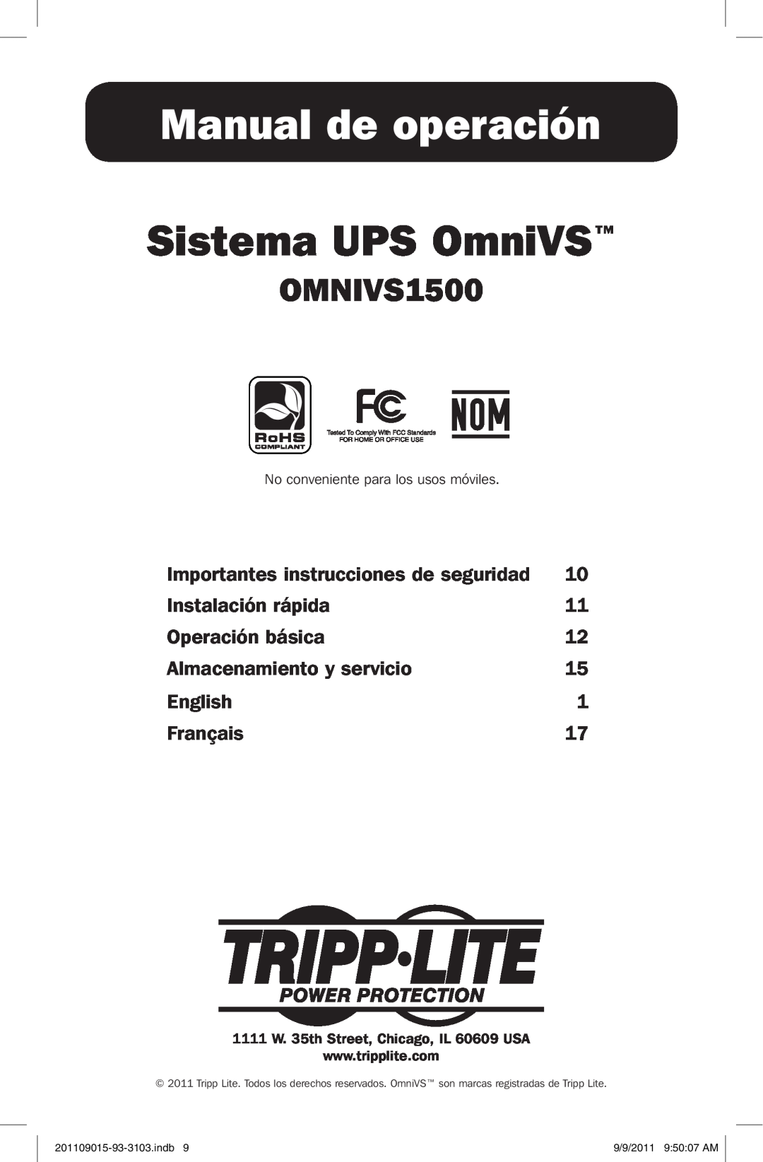 Tripp Lite OMNIVS1500 Manual de operación, Sistema UPS OmniVS, Importantes instrucciones de seguridad, Instalación rápida 