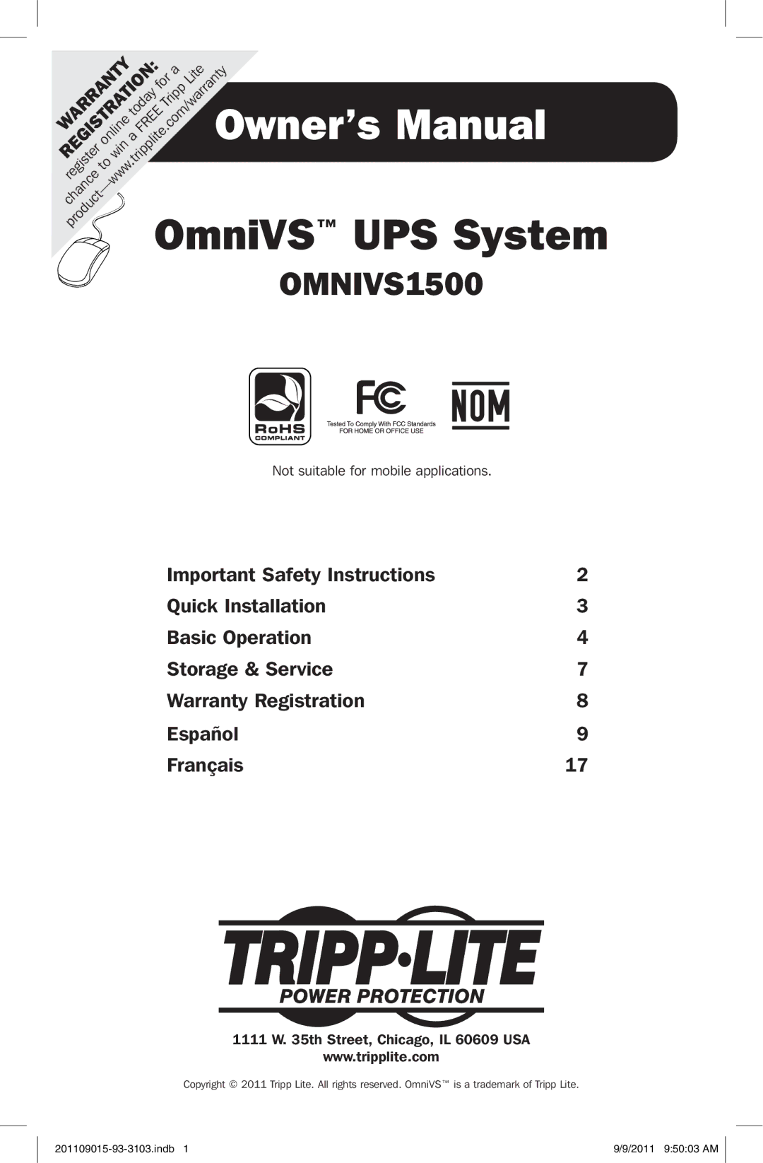 Tripp Lite OMNIVS1500 owner manual OmniVS UPS System 