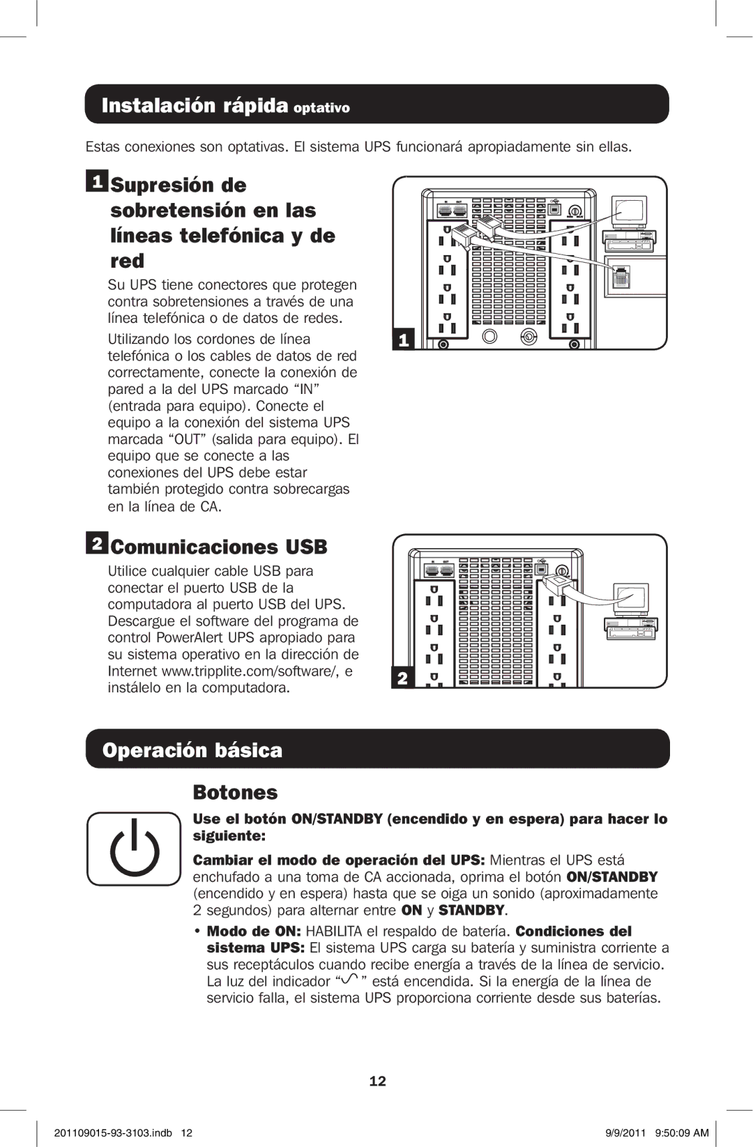 Tripp Lite OMNIVS1500 Instalación rápida optativo, Supresión de sobretensión en las líneas telefónica y de red, Botones 