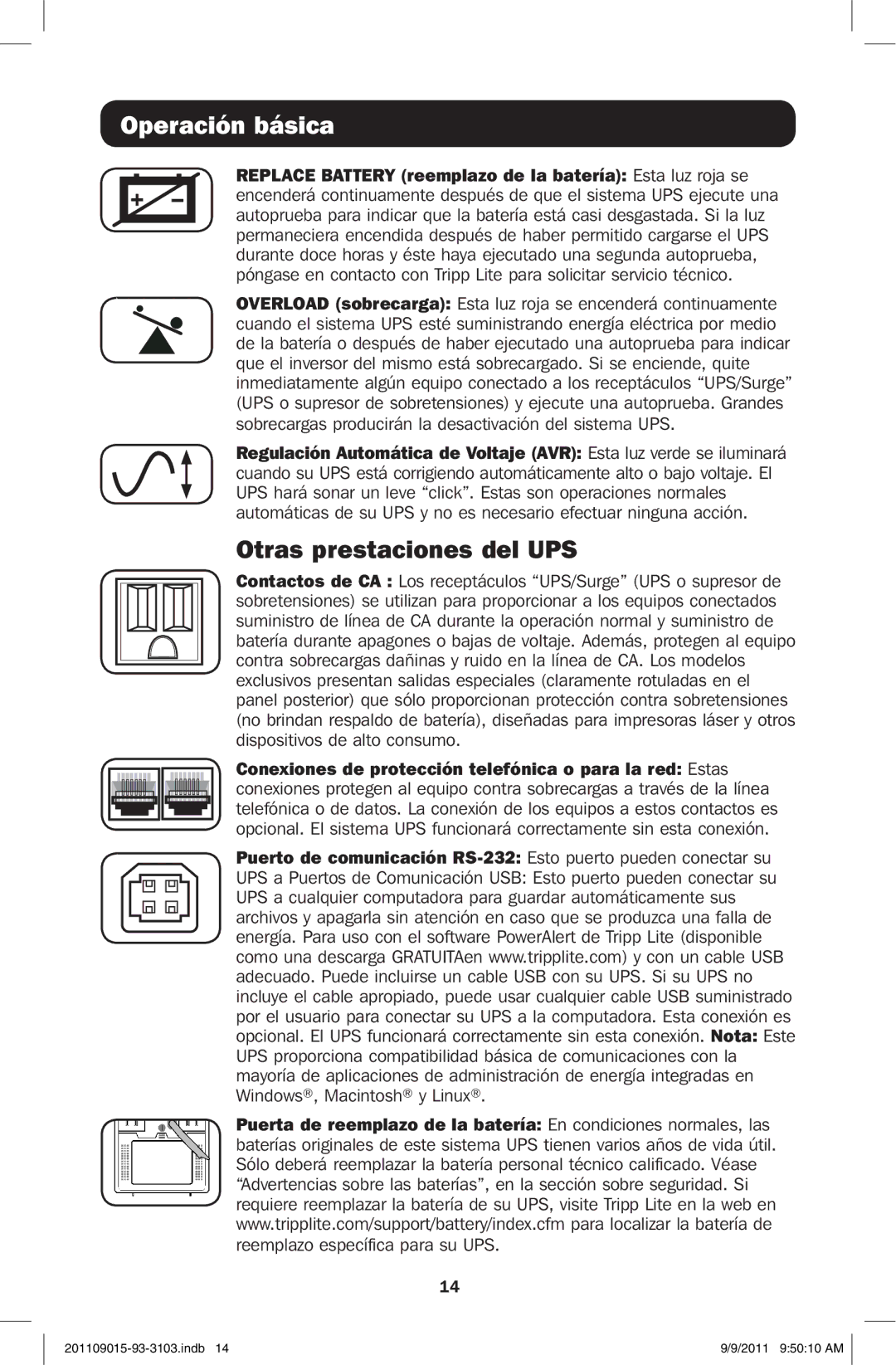 Tripp Lite OMNIVS1500 owner manual Otras prestaciones del UPS 