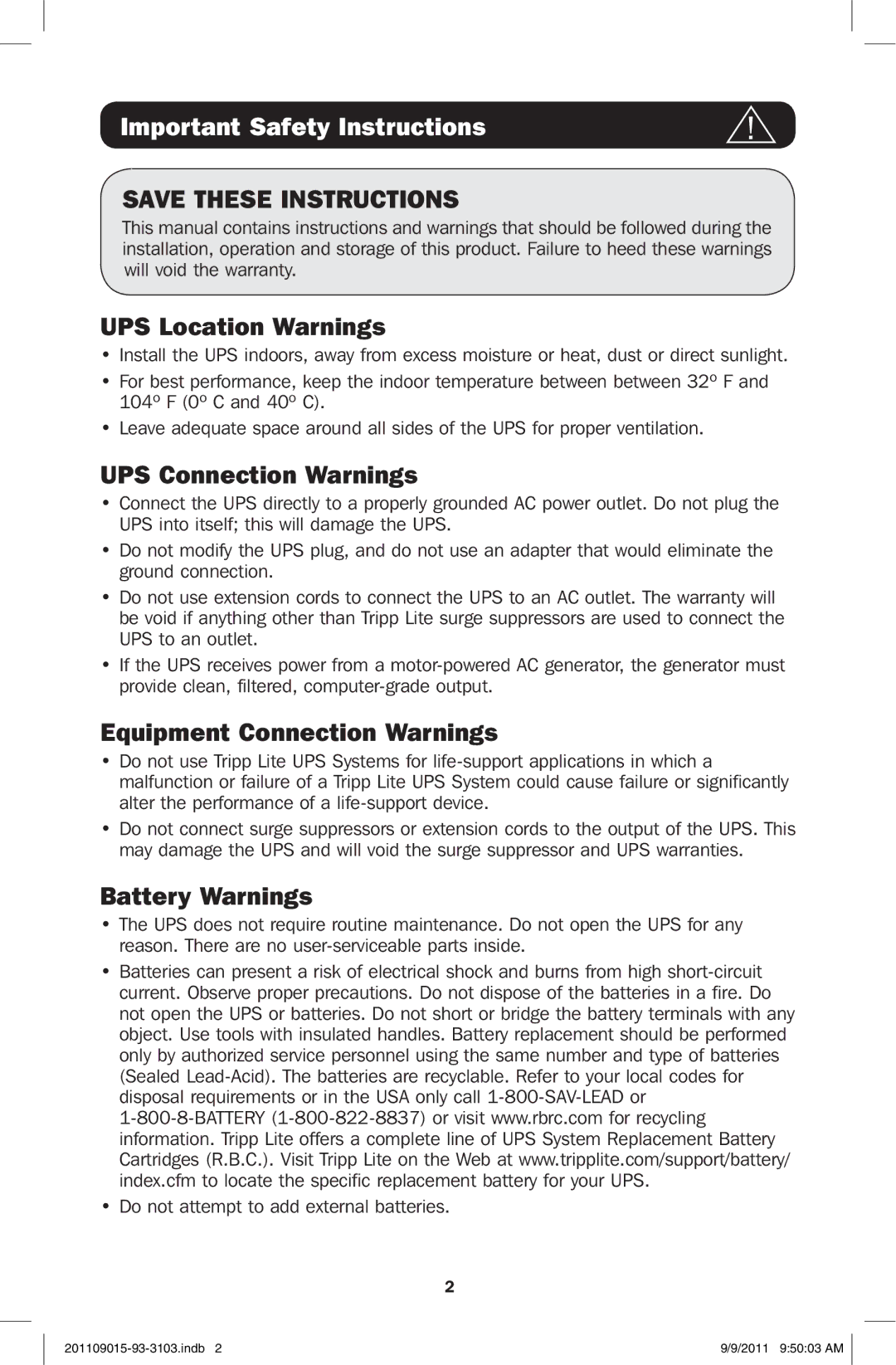 Tripp Lite OMNIVS1500 Important Safety Instructions, UPS Location Warnings, UPS Connection Warnings, Battery Warnings 