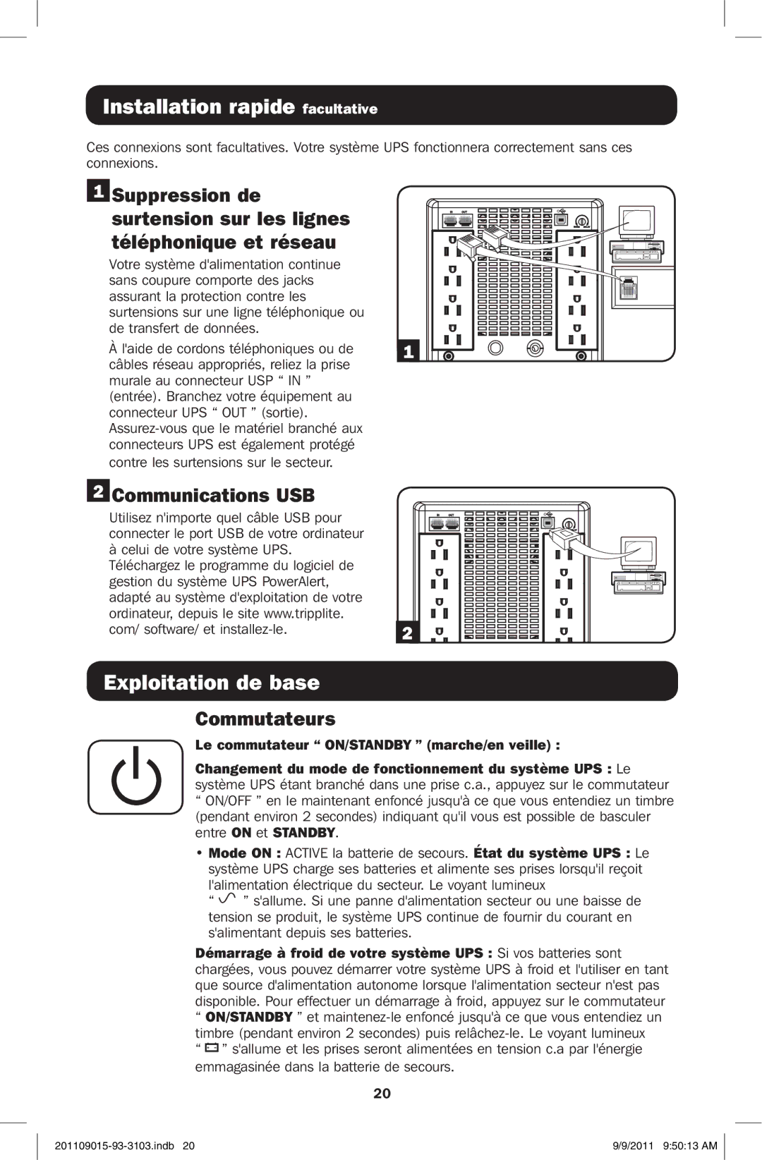 Tripp Lite OMNIVS1500 owner manual Installation rapide facultative, Exploitation de base, Communications USB, Commutateurs 