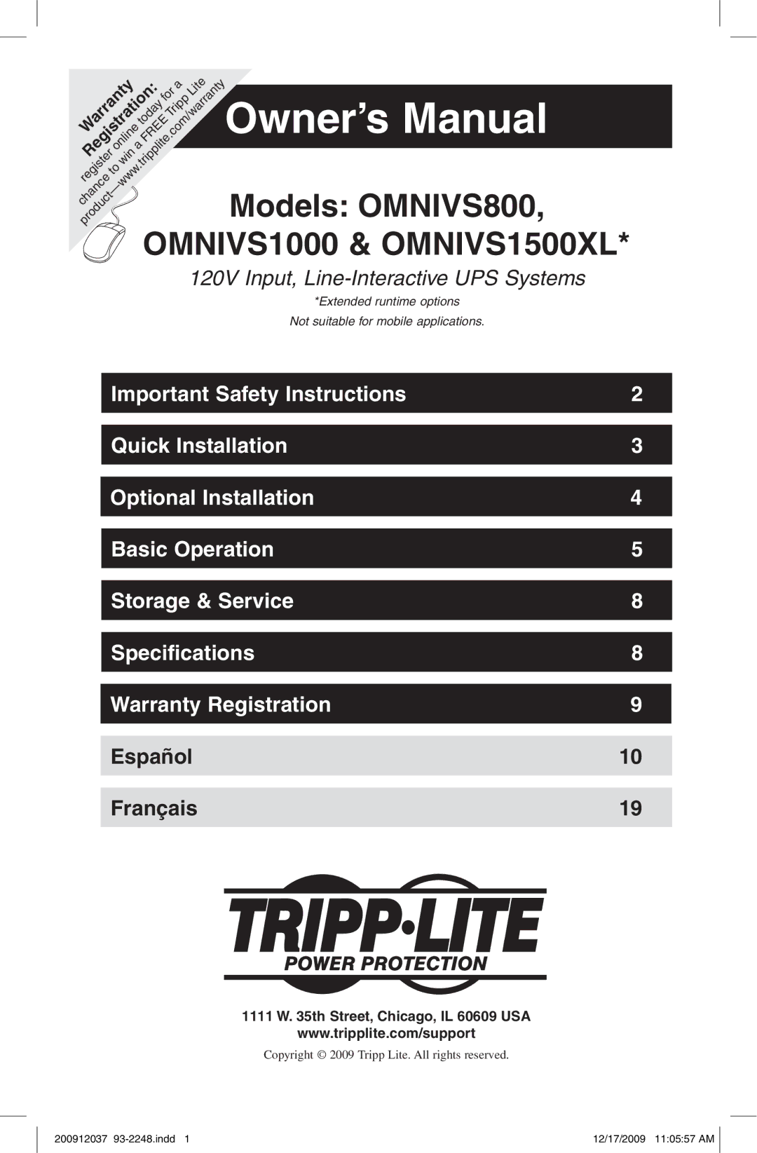 Tripp Lite OMNIVS800 owner manual OMNIVS1000 & OMNIVS1500XL 