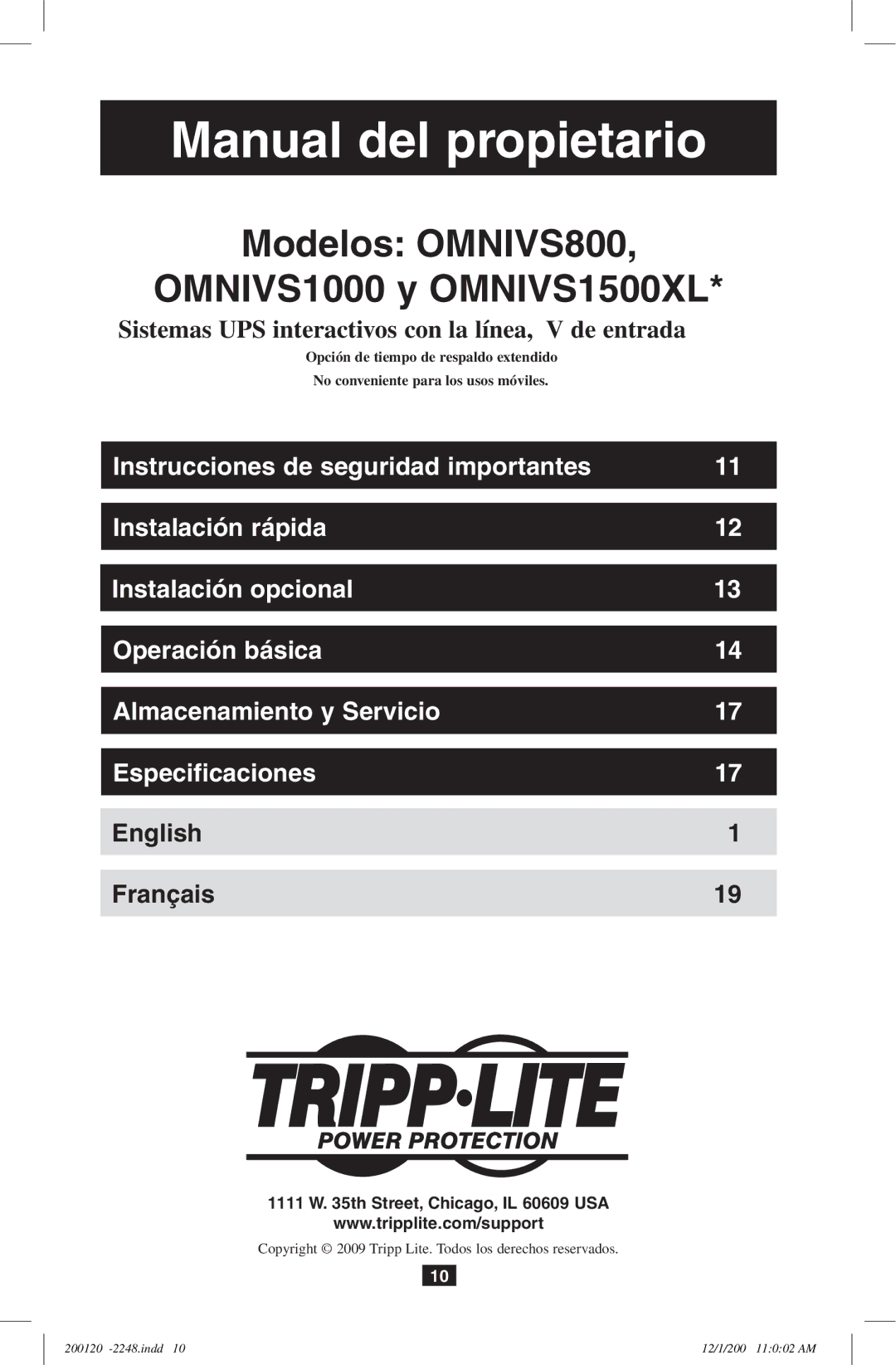 Tripp Lite OMNIVS800, OMNIVS1000 owner manual Manual del propietario 