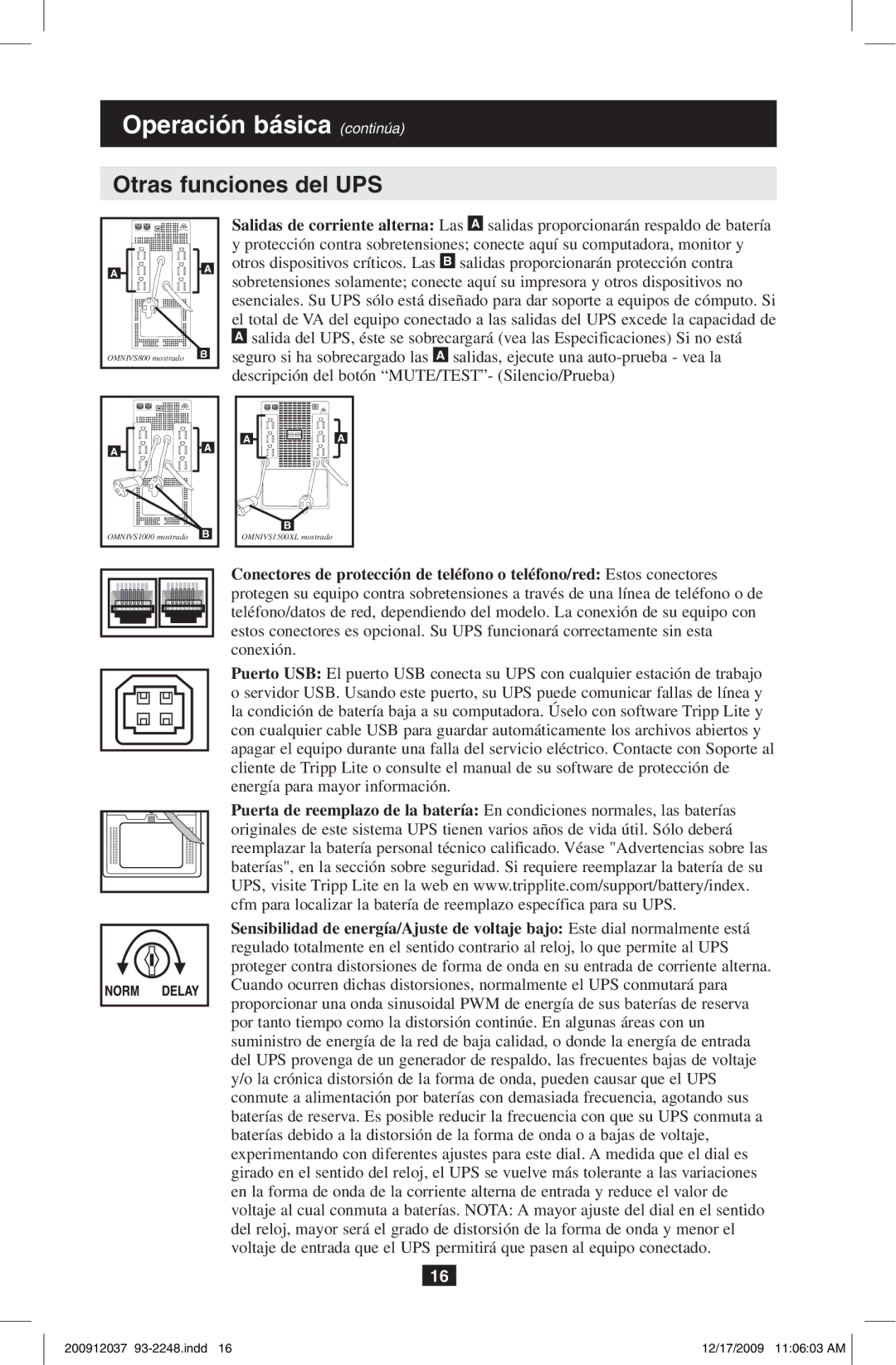 Tripp Lite OMNIVS800, OMNIVS1000 owner manual Otras funciones del UPS 