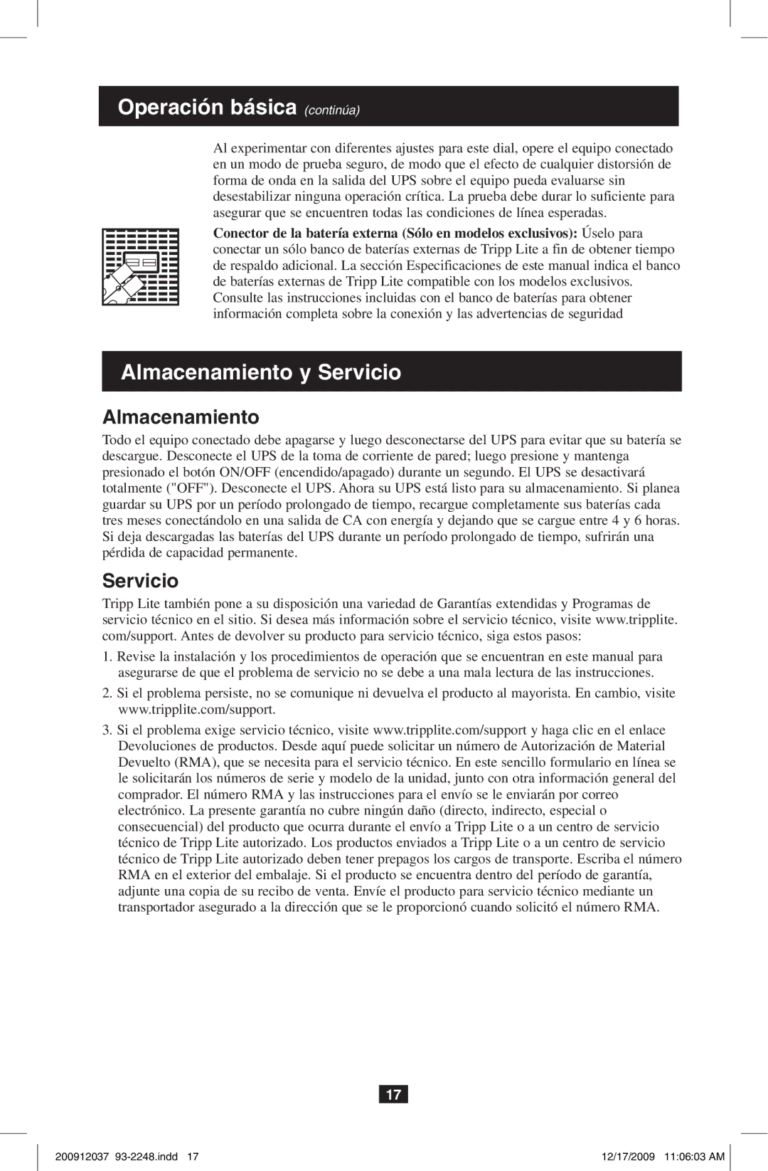 Tripp Lite OMNIVS1000, OMNIVS800 owner manual Almacenamiento, Servicio 