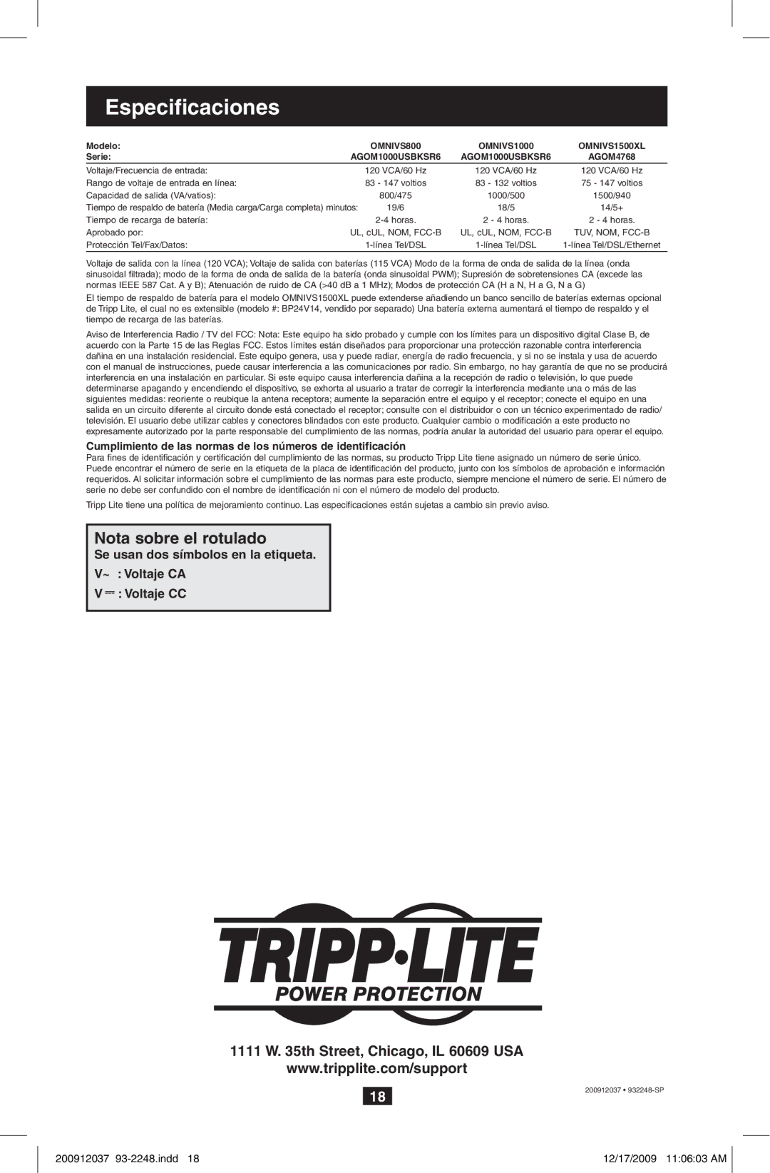 Tripp Lite OMNIVS800, OMNIVS1000 owner manual Nota sobre el rotulado 