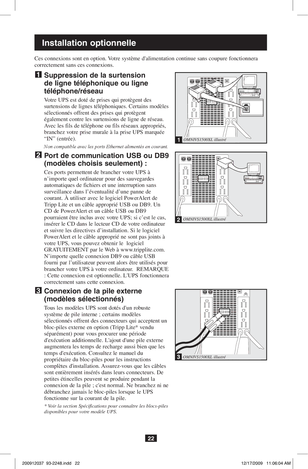 Tripp Lite OMNIVS800, OMNIVS1000 owner manual Port de communication USB ou DB9 modèles choisis seulement 