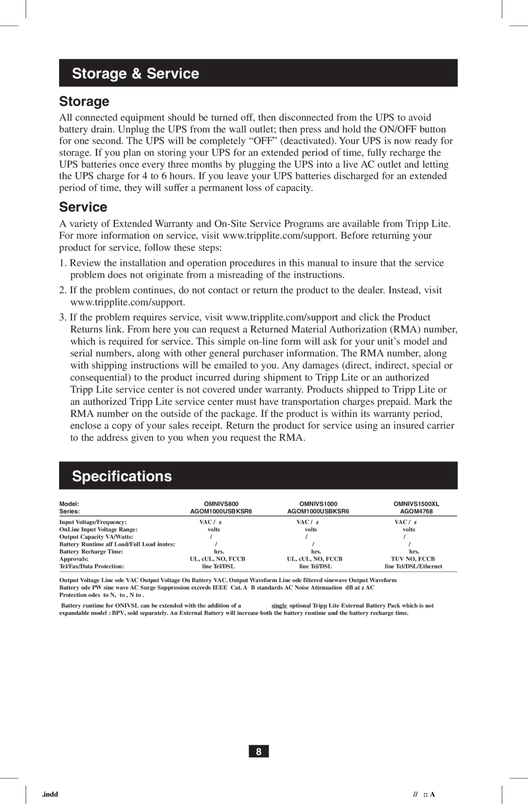 Tripp Lite OMNIVS800, OMNIVS1000 owner manual Storage, Service 