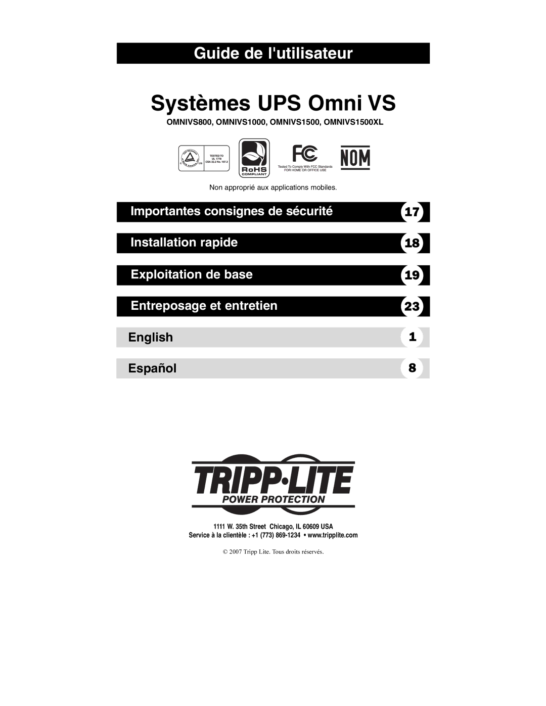 Tripp Lite OMNIVS800, OMNIVS1500XL, OMNIVS1000 owner manual Systèmes UPS Omni VS 