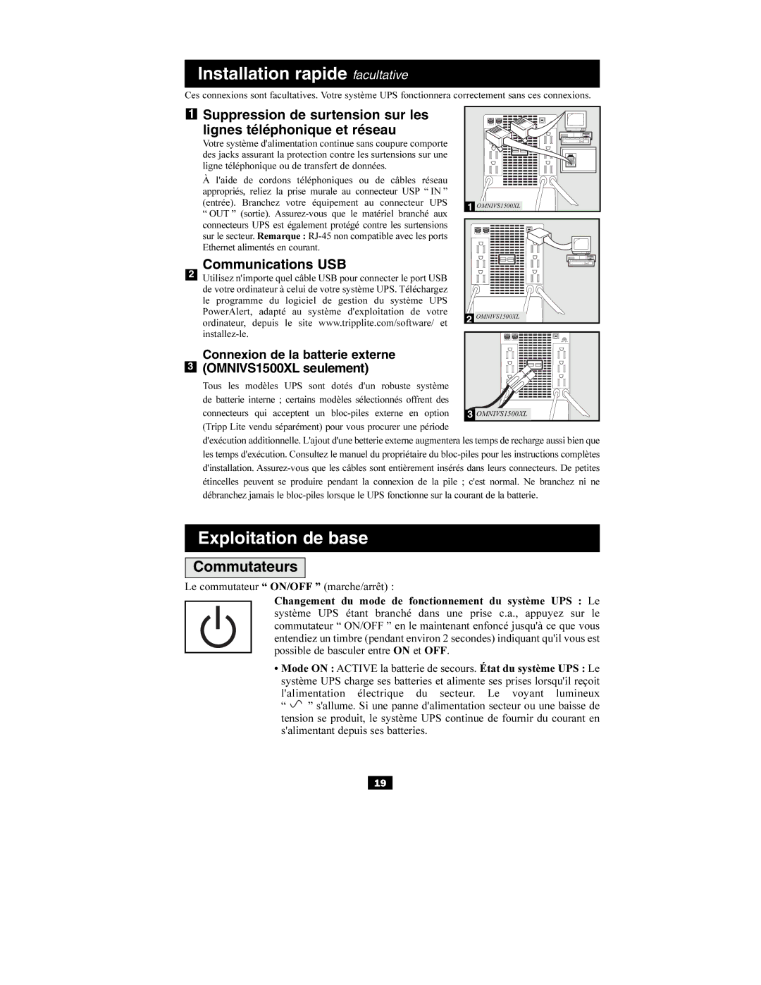 Tripp Lite OMNIVS1000, OMNIVS800, OMNIVS1500XL owner manual Installation rapide facultative, Commutateurs 