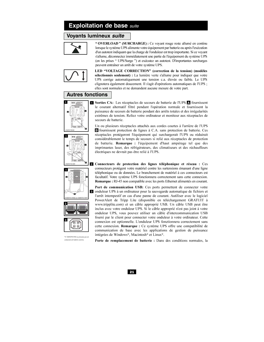 Tripp Lite OMNIVS800, OMNIVS1500XL, OMNIVS1000 owner manual Voyants lumineux suite, Autres fonctions 