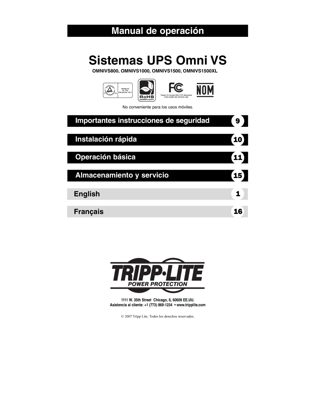 Tripp Lite OMNIVS800, OMNIVS1500XL, OMNIVS1000 owner manual Sistemas UPS Omni VS 