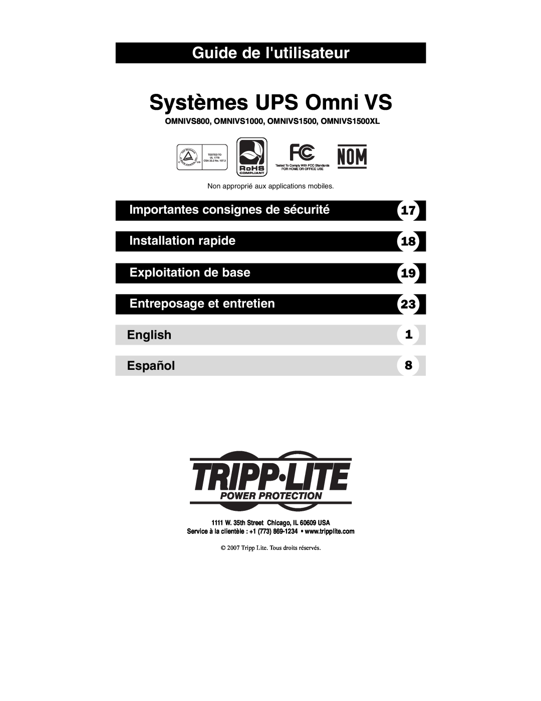 Tripp Lite OMNIVS800 Systèmes UPS Omni VS, Guide de lutilisateur, Importantes consignes de sécurité, Installation rapide 